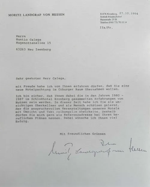 Letter from Moritz Landgraf Von Hessen to Nunzio Calega