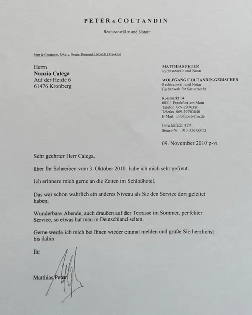 Reference letter from Peter&Coutandin to Nunzio Calega